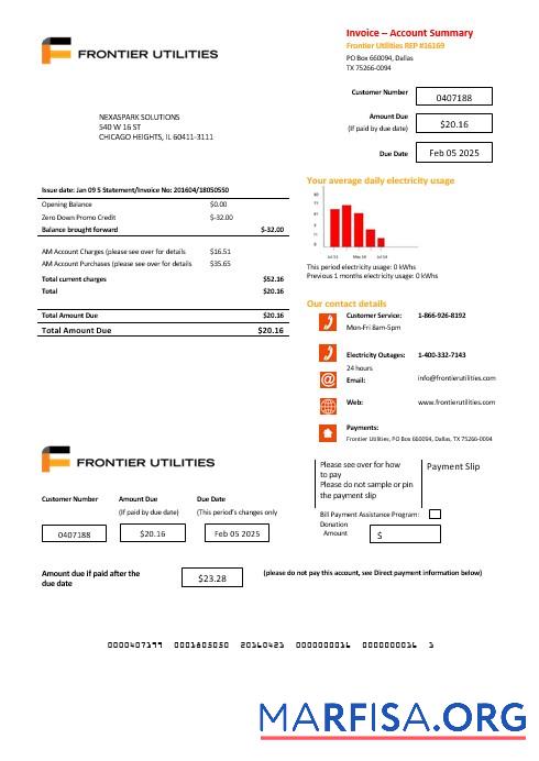 Printable USA Texas Frontier Utilities business utility bill template in Word and PDF formats